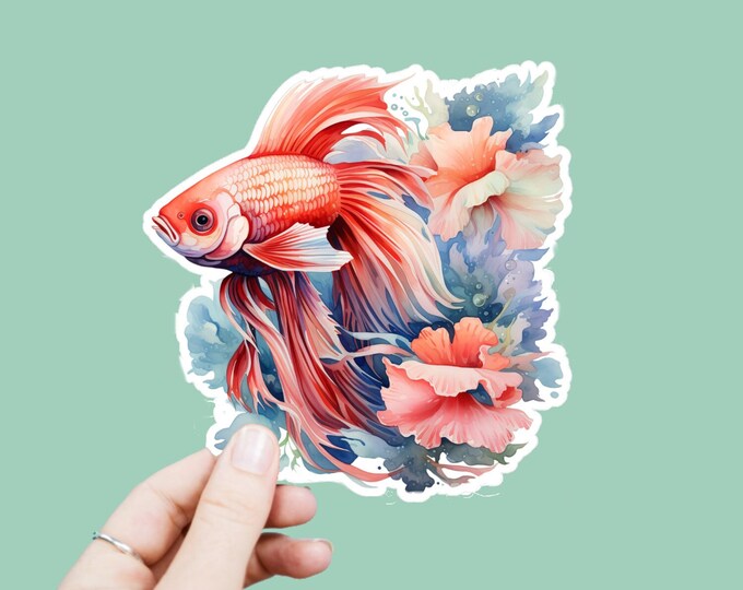 Watercolor Beta Fish Vinyl Decal, Satin Finish Sticker, Boho Flowers Fish Laptop Sticker, Window Decal, Water Bottle Decal, 4 Sizes