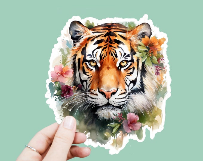 Watercolor Tiger Decal, Satin Finish Sticker, Boho Floral Animal Tiger Sticker Laptop Sticker, Window Decal, Water Bottle Decal, 4 Sizes