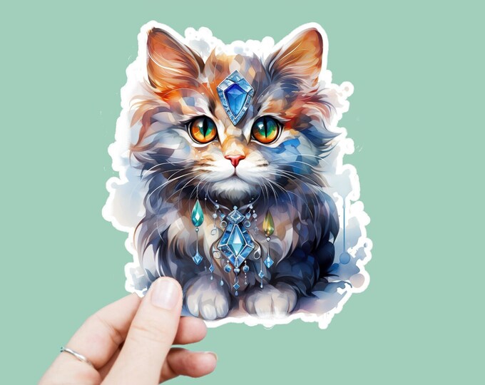 Watercolor Bejeweled Cat Decal, Satin Finish Sticker, Boho Crystal Kitten Sticker Laptop Sticker, Window Decal, Water Bottle Decal, 4 Sizes