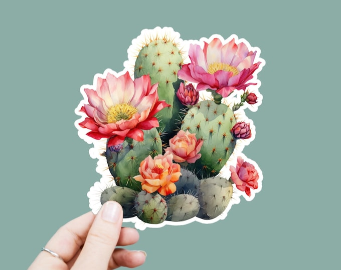 Watercolor Cactus Vinyl Decal, Satin Finish Sticker, Floral Succulent Cactus Laptop Sticker, Window Decal, Water Bottle Decal, 4 Sizes