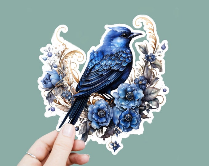 Watercolor Blue Bird Vinyl Decal, Satin Finish Boho Floral Songbird Sticker, Laptop Sticker, Window Decal, Water Bottle Decal, 4 Sizes