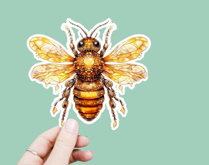 Watercolor Honeybee Vinyl Decal, Satin Finish Sticker, Boho Bejeweled Bee Laptop Sticker, Window Decal, Water Bottle Decal, 4 Sizes