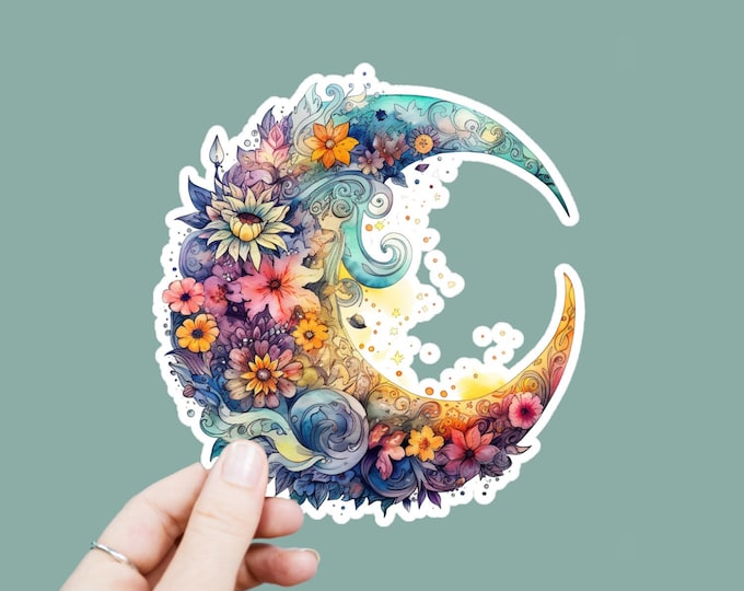 Watercolor Celestial Vinyl Decal, Satin Finish Boho Sun Moon Floral Sticker, Laptop Sticker, Window Decal, Water Bottle Decal, 4 Sizes