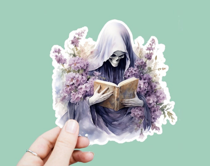 Watercolor Grim Reaper Decal, Satin Finish Sticker, Boho Flowers Skeleton Laptop Sticker, Window Decal, Water Bottle Decal, 4 Sizes