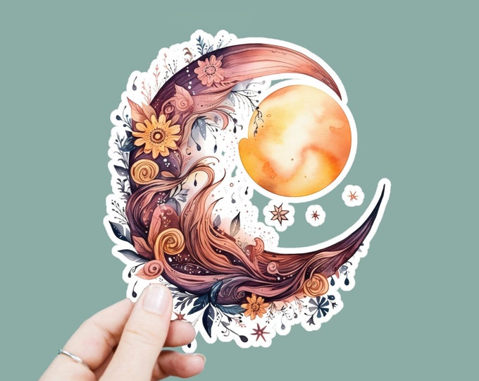 Watercolor Celestial Vinyl Decal, Satin Finish Boho Sun Moon Stars Sticker, Laptop Sticker, Window Decal, Water Bottle Decal, 4 Sizes