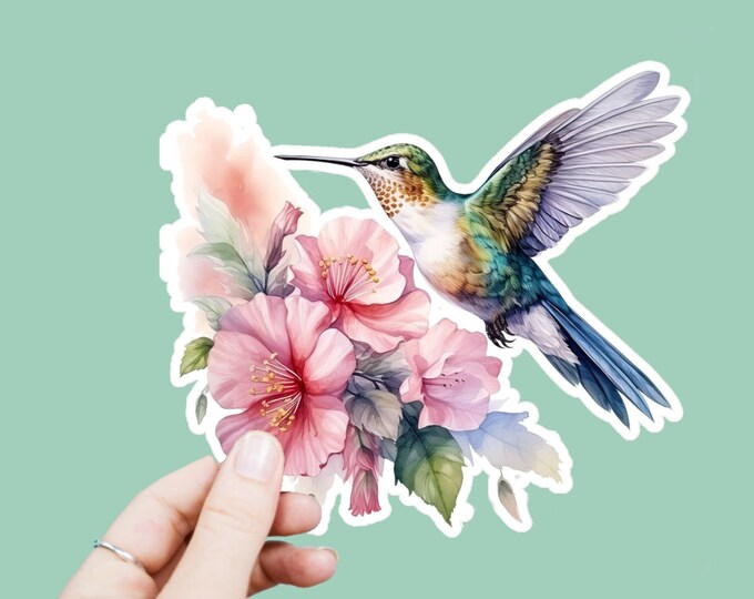 Watercolor Hummingbird Decal, Satin Finish Sticker, Boho Flowers Bird Sticker Laptop Sticker, Window Decal, Water Bottle Decal, 4 Sizes