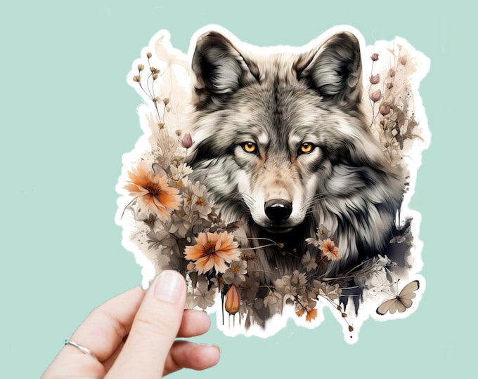 Watercolor Wolf Decal, Satin Finish Sticker, Boho Floral Grey Wolf Laptop Sticker, Window Decal, Water Bottle Decal, 4 Sizes to Choose