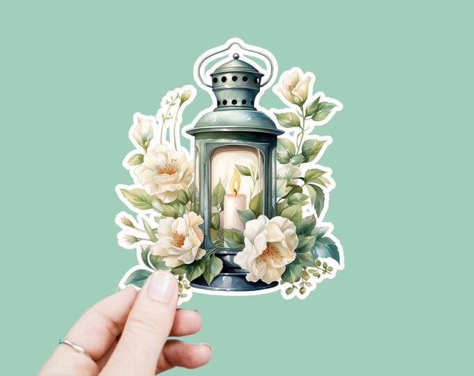 Watercolor Candle Lantern Decal, Satin Finish Sticker, Boho Floral Lantern Sticker Laptop Sticker, Window Decal, Water Bottle Decal, 4 Sizes