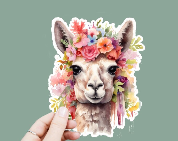 Watercolor Llama Decal, Satin Finish Sticker, Floral Llama Animal Laptop Sticker, Window Decal, Water Bottle Decal, 4 Sizes to Choose