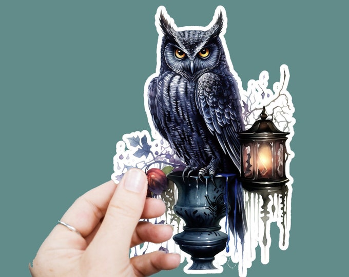Black Owl Lantern Vinyl Decal, Satin Finish Sticker, Watercolor Bird Laptop Sticker, Window Decal, Water Bottle Decal, 4 Sizes to Choose