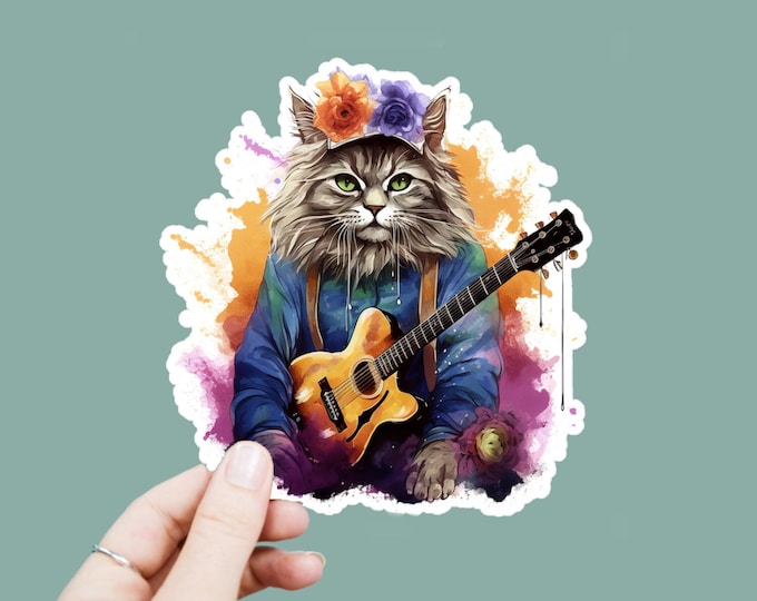 Watercolor Hippie Cat Vinyl Decal, Satin Finish Boho Cat Playing Guitar Sticker, Laptop Sticker, Window Decal, Water Bottle Decal, 4 Sizes