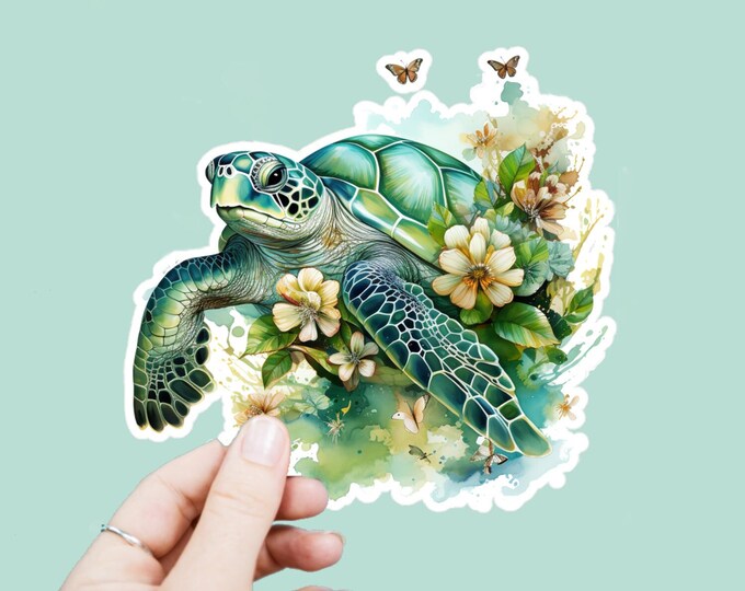Watercolor Green Turtle Decal, Satin Finish Sticker, Boho Floral Turtle Laptop Sticker, Window Decal, Water Bottle Decal, 4 Sizes to Choose