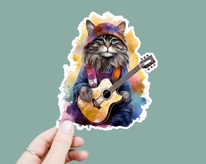 Watercolor Hippie Cat Vinyl Decal, Satin Finish Boho Cat Playing Guitar Sticker, Laptop Sticker, Window Decal, Water Bottle Decal, 4 Sizes