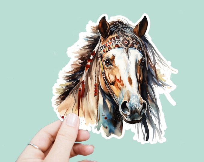 Watercolor Tribal Horse Decal, Satin Finish Sticker, Boho Native Horse Laptop Sticker, Window Decal, Water Bottle Decal, 4 Sizes to Choose