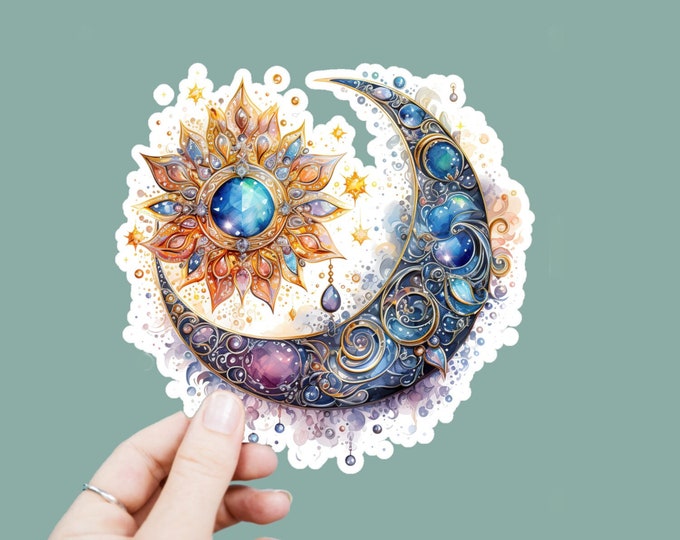 Watercolor Celestial Vinyl Decal, Satin Finish Boho Bejeweled Moon Sun Sticker, Laptop Sticker, Window Decal, Water Bottle Decal, 4 Sizes