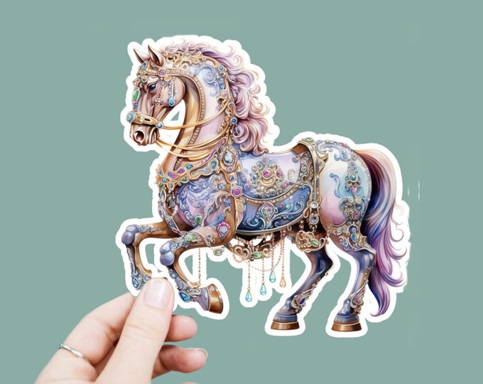 Whimsical Carousel Horse Vinyl Decal, Satin Finish Bejeweled Horse Sticker, Laptop Sticker, Window Decal, Water Bottle Decal, 4 Sizes