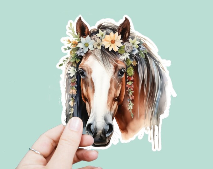 Watercolor Tribal Horse Decal, Satin Finish Sticker, Floral Boho Horse Laptop Sticker, Window Decal, Water Bottle Decal, 4 Sizes to Choose
