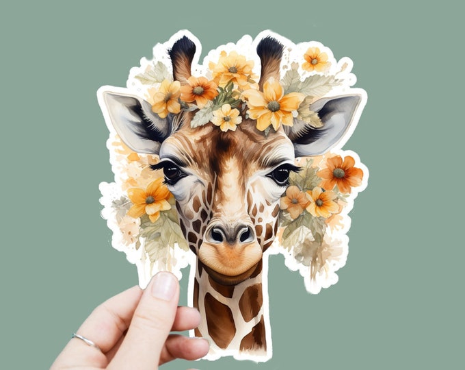 Watercolor Giraffe Decal, Satin Finish Sticker, Floral Animal Giraffe Laptop Sticker, Window Decal, Water Bottle Decal, 4 Sizes to Choose