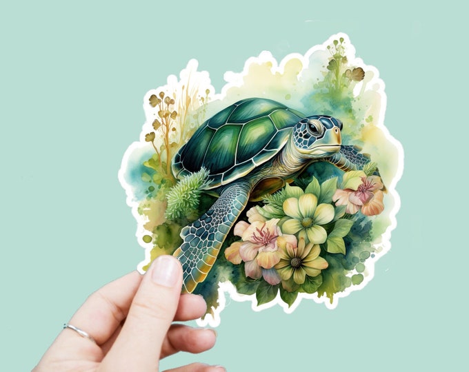 Watercolor Sea Turtle Decal, Satin Finish Sticker, Boho Floral Green Turtle Laptop Sticker, Window Decal, Water Bottle Decal, 4 Sizes