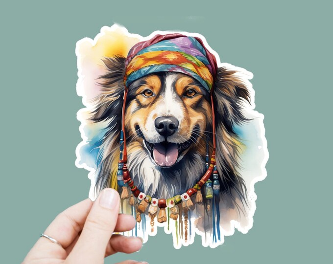 Watercolor Hippie Dog Vinyl Decal, Satin Finish Boho Dog Animal Sticker, Laptop Sticker, Window Decal, Water Bottle Decal, 4 Sizes
