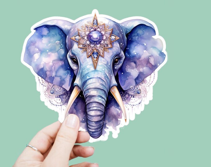 Watercolor Elephant Vinyl Decal, Satin Finish Sticker, Boho Bejeweled Elephant Laptop Sticker, Window Decal, Water Bottle Decal, 4 Sizes