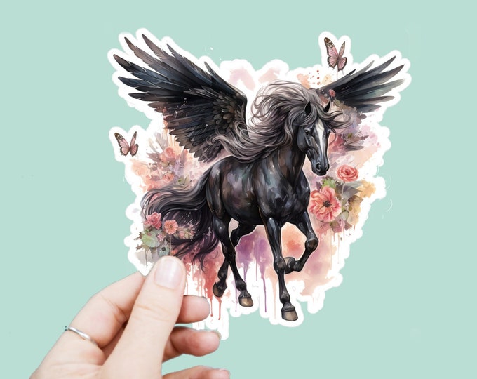 Watercolor Black Pegasus Decal, Satin Finish Sticker, Floral Boho Horse Laptop Sticker, Window Decal, Water Bottle Decal, 4 Sizes to Choose