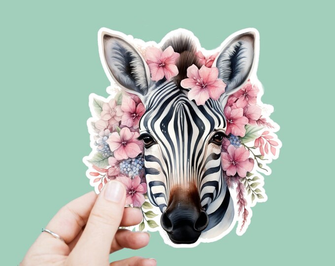 Watercolor Zebra Decal, Satin Finish Sticker, Boho Floral Animal Zebra Sticker Laptop Sticker, Window Decal, Water Bottle Decal, 4 Sizes