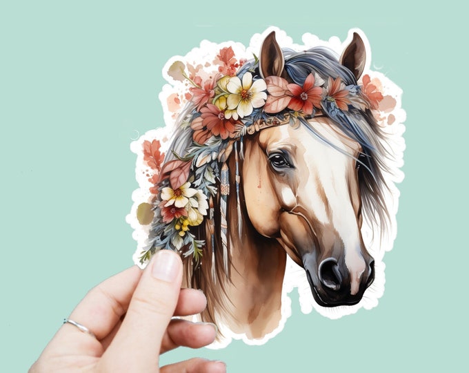 Watercolor Tribal Horse Decal, Satin Finish Sticker, Floral Boho Horse Laptop Sticker, Window Decal, Water Bottle Decal, 4 Sizes to Choose