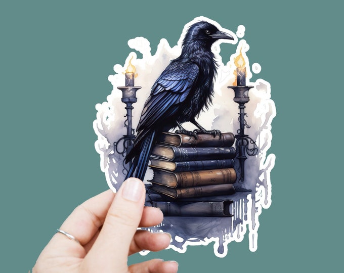 Black Raven Book Vinyl Decal, Satin Finish Sticker, Watercolor Raven Laptop Sticker, Window Decal, Water Bottle Decal, 4 Sizes to Choose