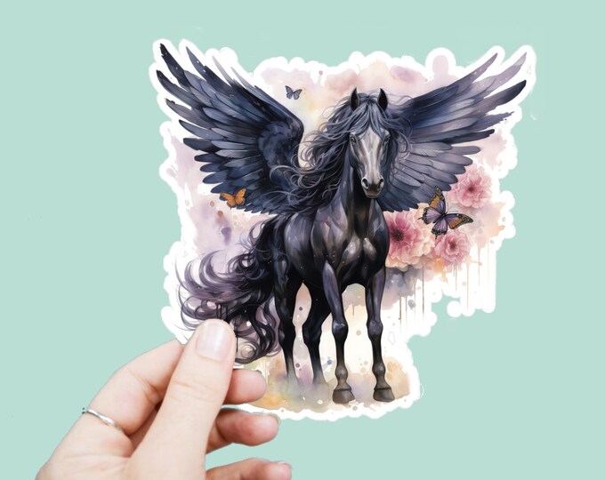 Watercolor Black Pegasus Decal, Satin Finish Sticker, Floral Boho Horse Laptop Sticker, Window Decal, Water Bottle Decal, 4 Sizes to Choose