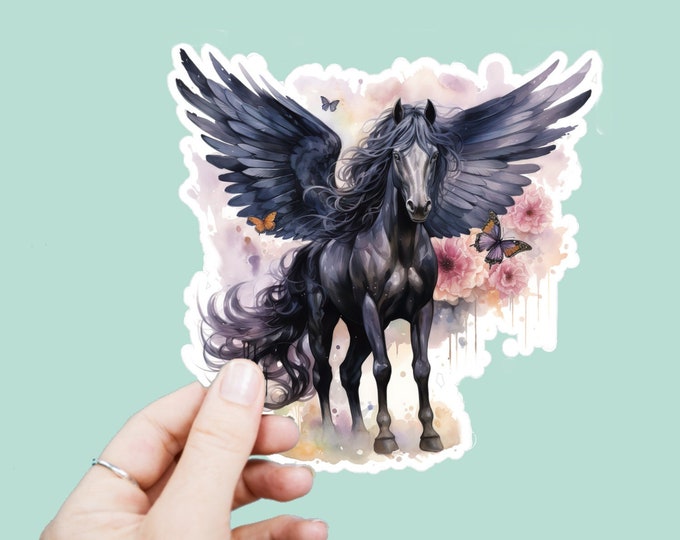 Watercolor Black Pegasus Decal, Satin Finish Sticker, Floral Boho Horse Laptop Sticker, Window Decal, Water Bottle Decal, 4 Sizes to Choose