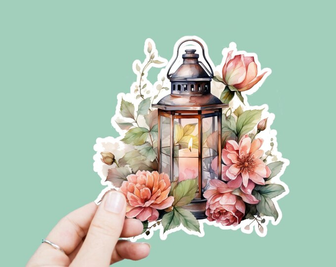 Watercolor Candle Lantern Decal, Satin Finish Sticker, Boho Floral Lantern Sticker Laptop Sticker, Window Decal, Water Bottle Decal, 4 Sizes