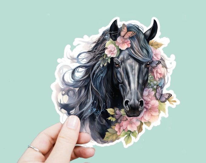 Watercolor Black Horse Decal, Satin Finish Sticker, Floral Boho Horse Laptop Sticker, Window Decal, Water Bottle Decal, 4 Sizes to Choose