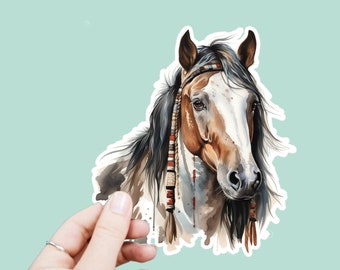 Watercolor Tribal Horse Decal, Satin Finish Sticker, Floral Boho Horse Laptop Sticker, Window Decal, Water Bottle Decal, 4 Sizes to Choose