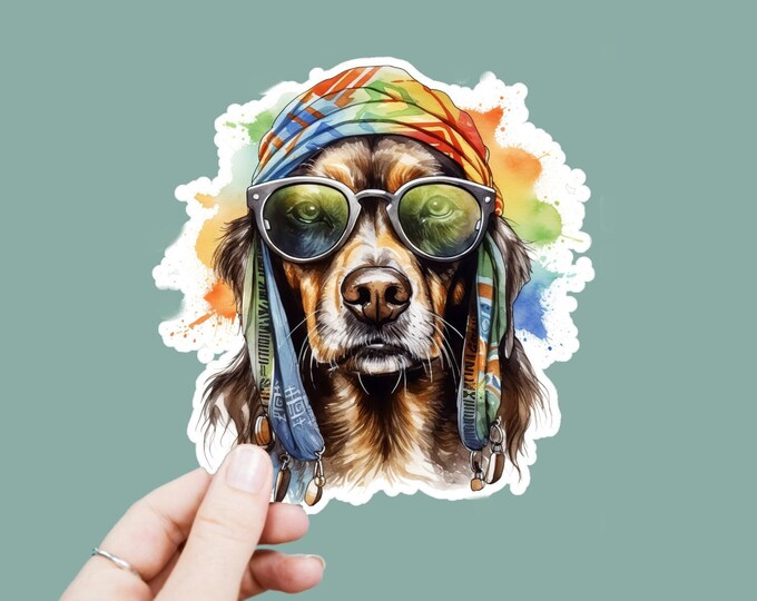 Watercolor Hippie Dog Vinyl Decal, Satin Finish Boho Dog Animal Sticker, Laptop Sticker, Window Decal, Water Bottle Decal, 4 Sizes