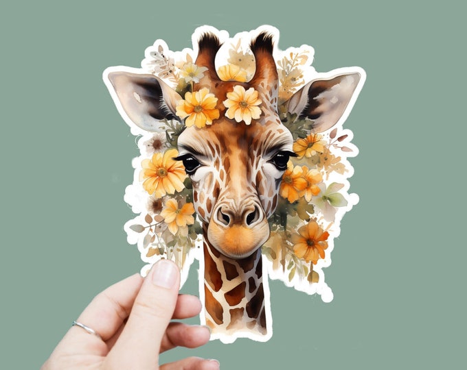 Watercolor Giraffe Decal, Satin Finish Sticker, Floral Animal Giraffe Laptop Sticker, Window Decal, Water Bottle Decal, 4 Sizes to Choose