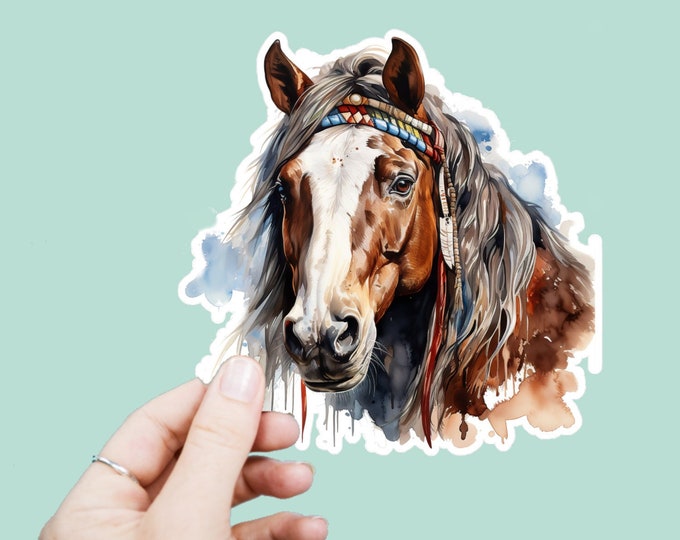 Watercolor Tribal Horse Decal, Satin Finish Sticker, Boho Native Horse Laptop Sticker, Window Decal, Water Bottle Decal, 4 Sizes to Choose