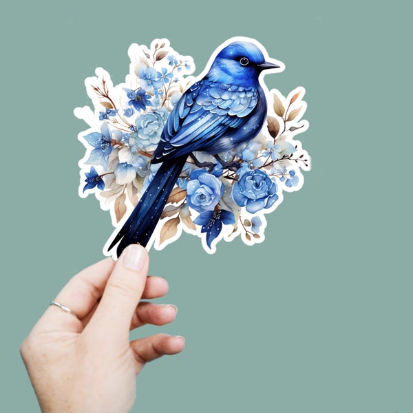 Watercolor Blue Songbird Vinyl Decal, Satin Finish Boho Floral Bird Sticker, Laptop Sticker, Window Decal, Water Bottle Decal, 4 Sizes