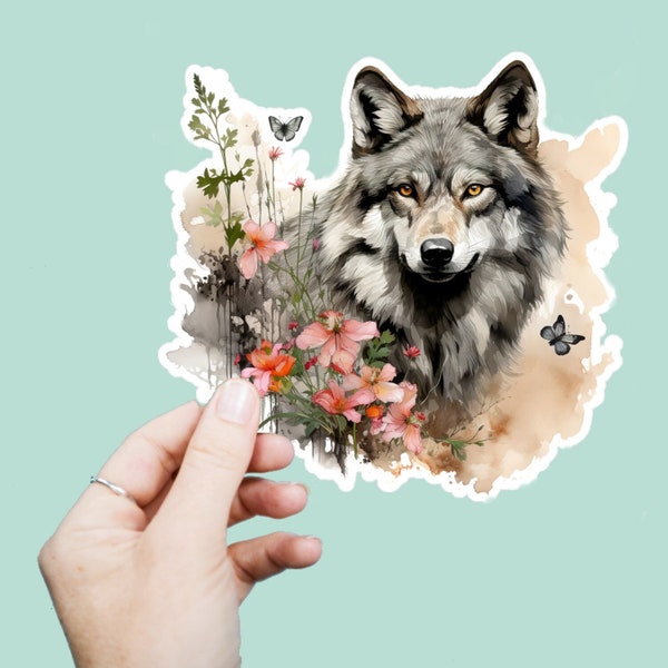 Watercolor Wolf Decal, Satin Finish Sticker, Boho Floral Grey Wolf Laptop Sticker, Window Decal, Water Bottle Decal, 4 Sizes to Choose