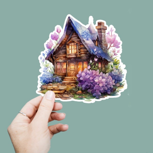 Whimsical Log Cabin Vinyl Decal, Satin Finish Floral Witchy Cottage Sticker, Laptop Sticker, Window Decal, Water Bottle Decal, 4 Sizes