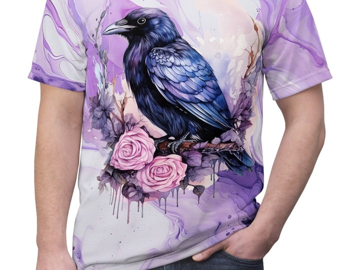 Unisex Lightweight Short Sleeve Tee, Boho Raven Floral Flowers Tee Shirt, Bohemian Apparel, Unisex AOP Tee, S-3XL Sizes, Occult Shirt