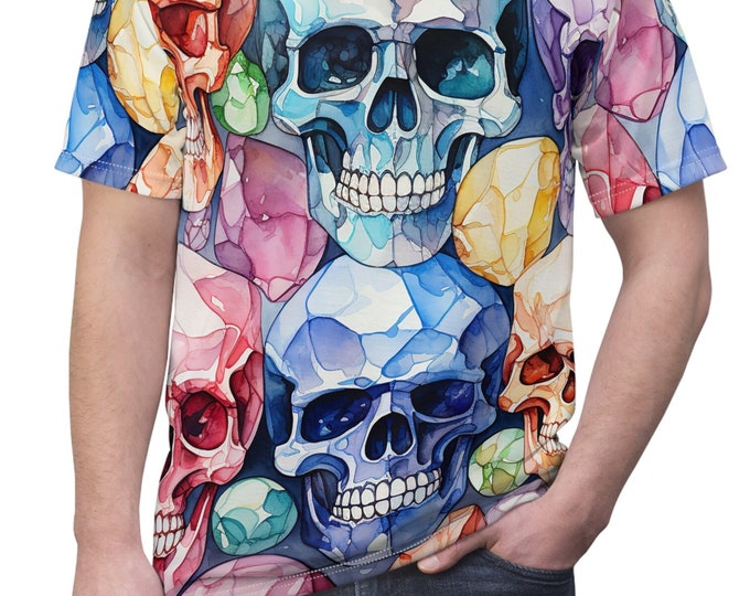 Unisex Lightweight Short Sleeve Tee, Boho Crystal Skull Tee Shirt, Bohemian Apparel, Unisex AOP Tee, S-3XL Sizes, Gothic Skull Shirt