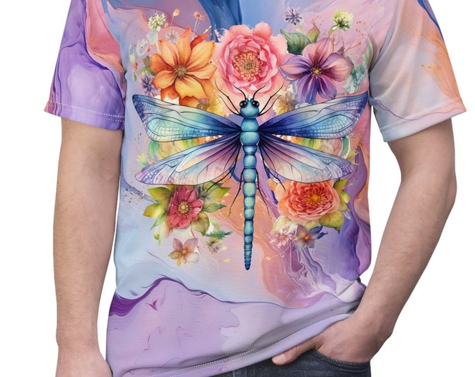Unisex Lightweight Short Sleeve Tee, Boho Floral Dragonfly Tee Shirt, Bohemian Apparel, Unisex AOP Tee, S-3XL Sizes, Whimsical Shirt