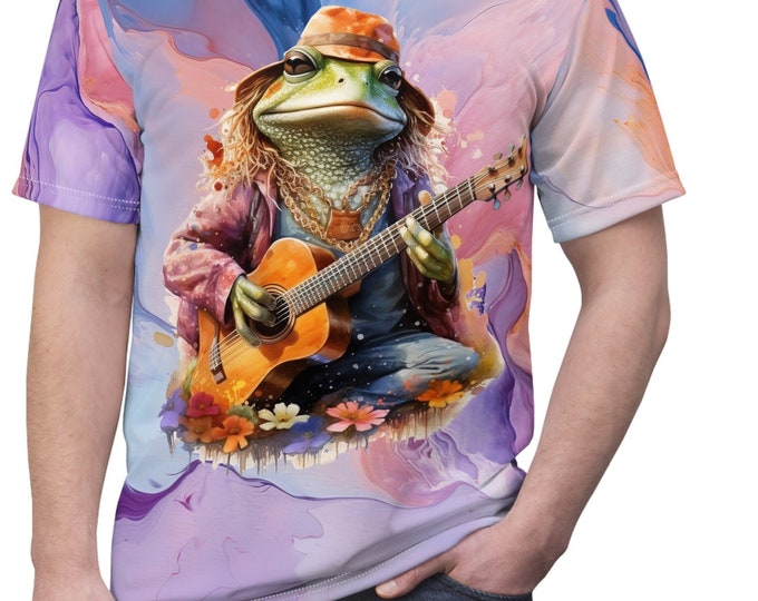 Unisex Lightweight Short Sleeve Tee, Boho Frog Playing Guitar Tee Shirt, Bohemian Apparel, Unisex AOP Tee, S-3XL Sizes, Floral Frog Shirt