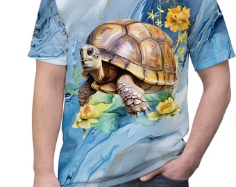 Unisex Lightweight Short Sleeve Tee, Boho Turtle Flowers Tee Shirt, Bohemian Apparel, Unisex AOP Tee, S-3XL Sizes, Floral Turtle Shirt