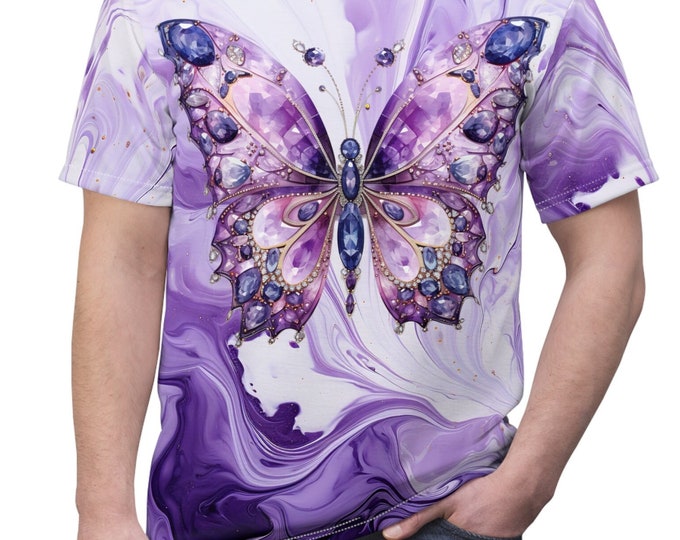 Unisex Lightweight Short Sleeve Tee, Boho Bejeweled Butterfly Tee Shirt, Bohemian Apparel, Unisex AOP Tee, S-3XL Sizes, Whimsical Shirt