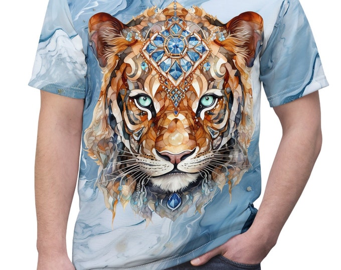 Unisex Lightweight Short Sleeve Tee, Boho Bejeweled Tiger Tee Shirt, Bohemian Apparel, Unisex AOP Tee, S-3XL Sizes, Hippie Animal Shirt