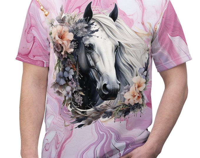 Unisex Lightweight Short Sleeve Tee, Boho Floral Horse Tee Shirt, Bohemian Apparel, Unisex AOP Tee, S-3XL Sizes, Hippie Animal Shirt