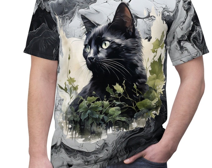 Unisex Lightweight Short Sleeve Tee, Boho Witchy Black Cat Tee Shirt, Bohemian Apparel, Unisex AOP Tee, S-3XL Sizes, Animal Shirt