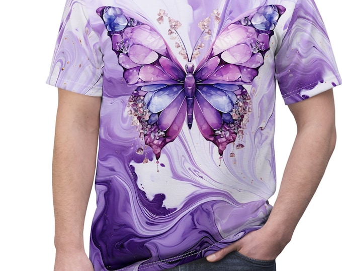 Unisex Lightweight Short Sleeve Tee, Boho Bejeweled Butterfly Tee Shirt, Bohemian Apparel, Unisex AOP Tee, S-3XL Sizes, Butterfly Shirt